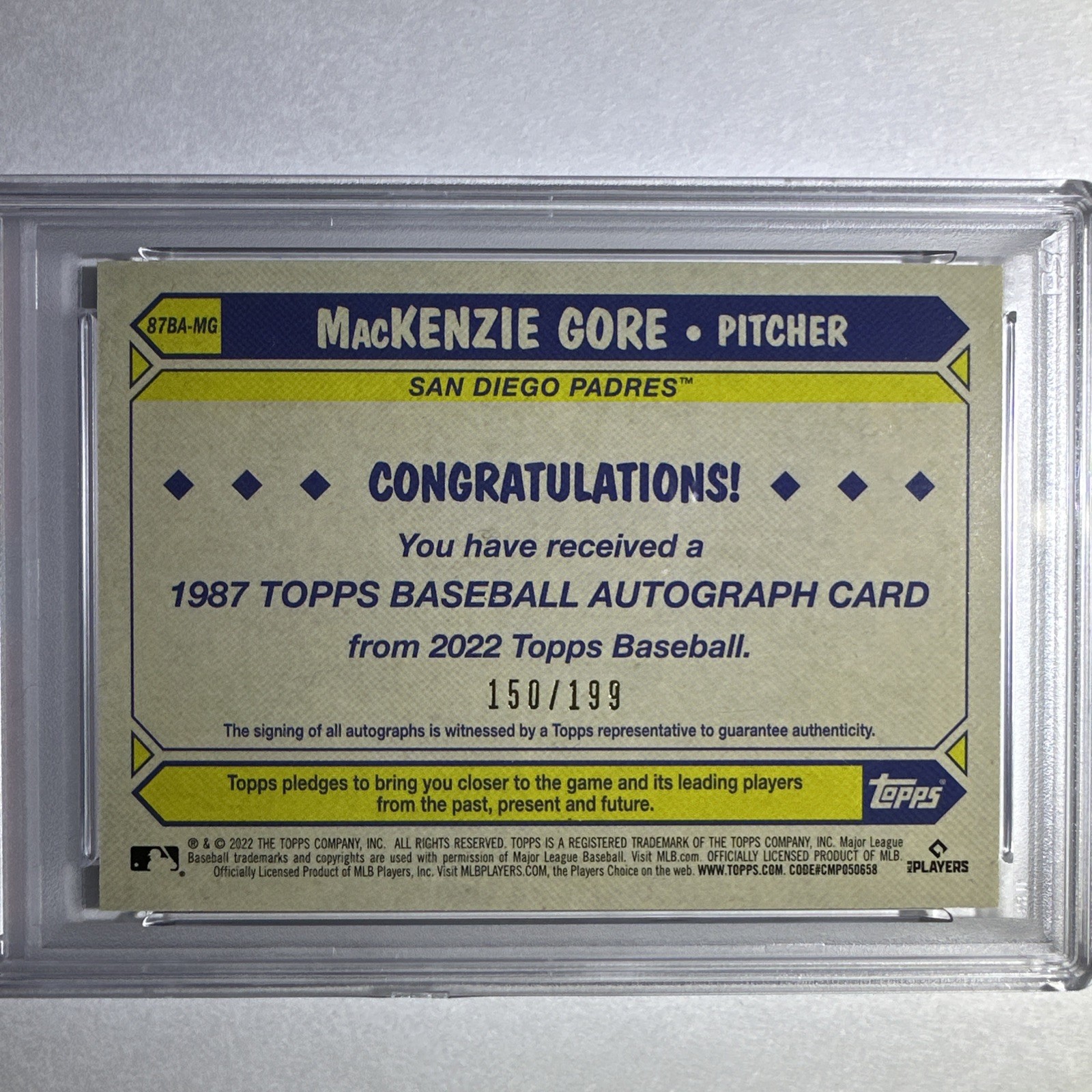 2022 Topps MacKenzie Gore #87BA-MG Auto /199 PSA Auto 10 view 4