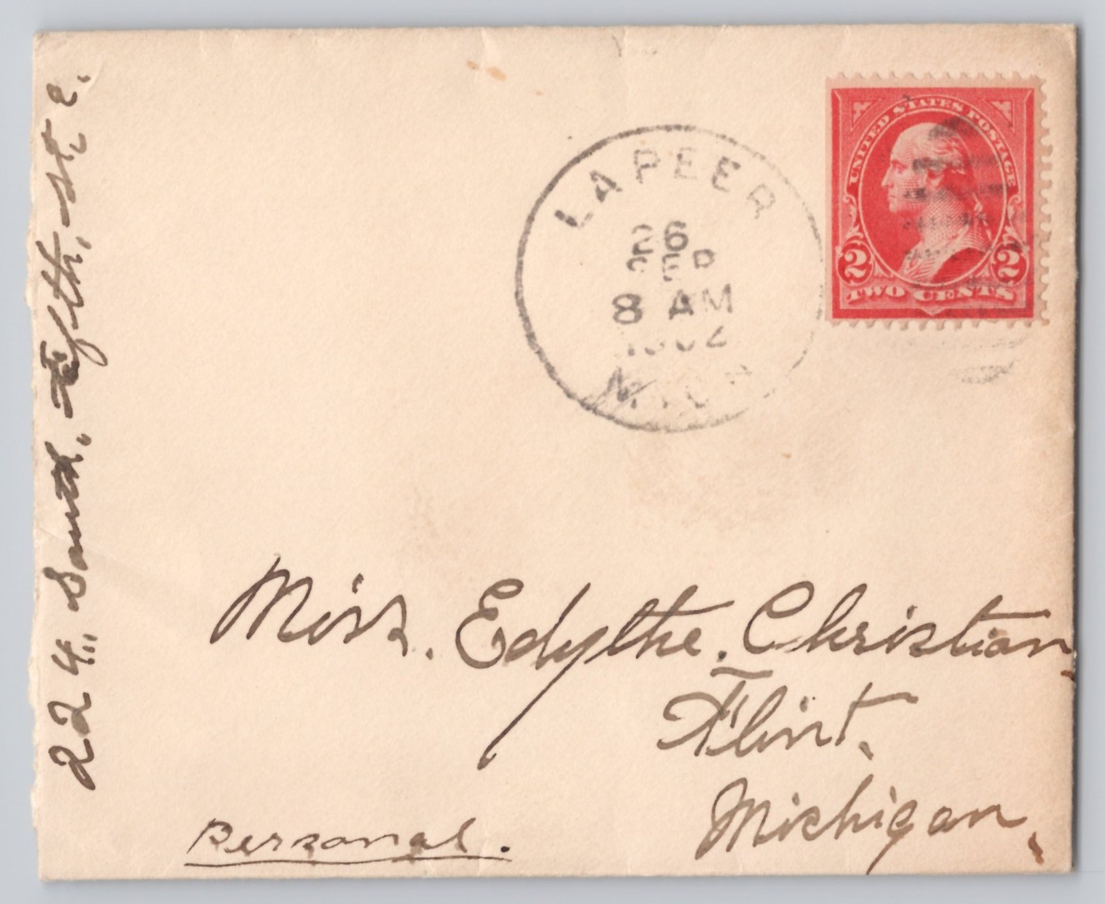 Lapeer, Michigan Addressed back with 2c Washington stamp, Undivided
