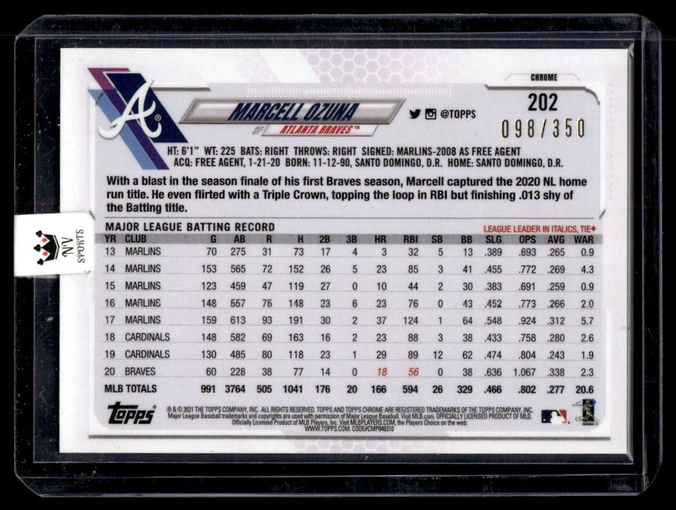 2021 Topps Chrome Magenta Speckle Refractor Marcell Ozuna 098/350 Atlanta Braves - Image 2 of 2