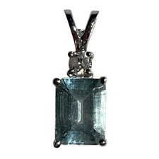 VTG SOLID 14K WHITE GOLD EMERALD CUT BLUE AQUAMARINE & DIAMOND NECKLACE PENDANT