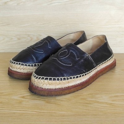 Chanel Espadrilles Black Leather CC Cap Toe Flat Women's Shoes Size: EU39 US9