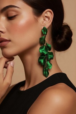 Green Leaf Metal Dangle Drop Earrings, Butterfly Back, No Stone