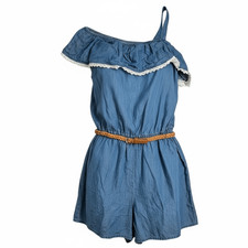 NWOT Justice Girls Blue Denim One Piece Off Shoulder Romper - Size 14