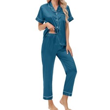 Women's Satin Pajama Set Short Sleeve Silk Top and Pants Set Classic Button D...