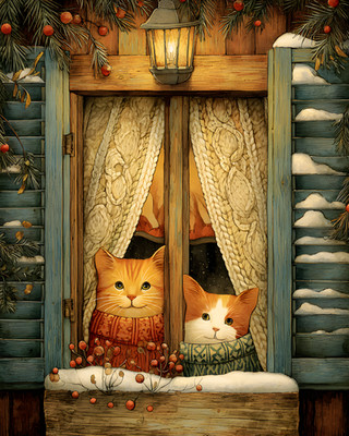 8x10 Cozy Storybook Two Cats in Window Art Print Cottagecore - 918369591