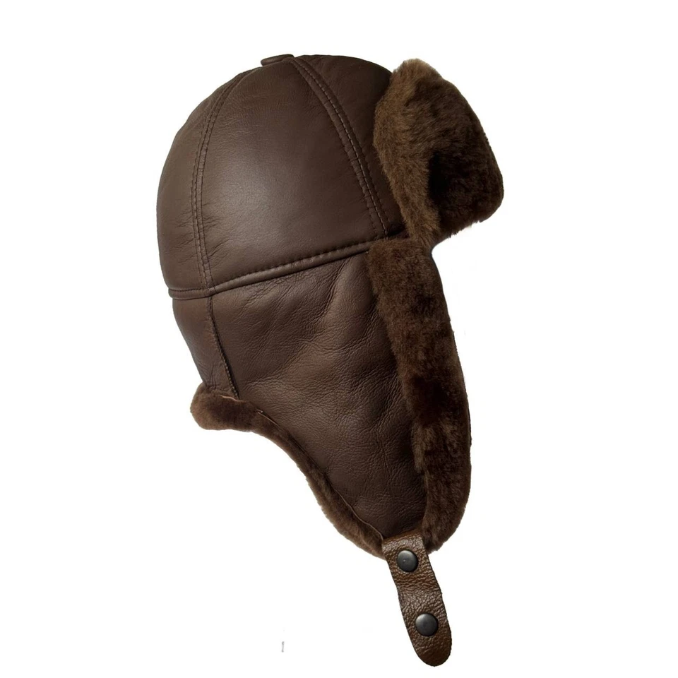 Hecho a mano piel de oveja cuero de oveja ruso Ushanka trampero sombrero de caza aviador Foto 3 de 4