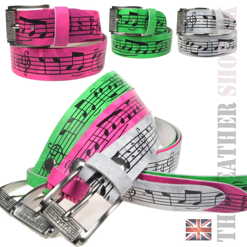 38mm MUSICA STAMPA COLORATA Linea Donna Uomo Cintura Vera Pelle fatto a mano nel Regno Unito