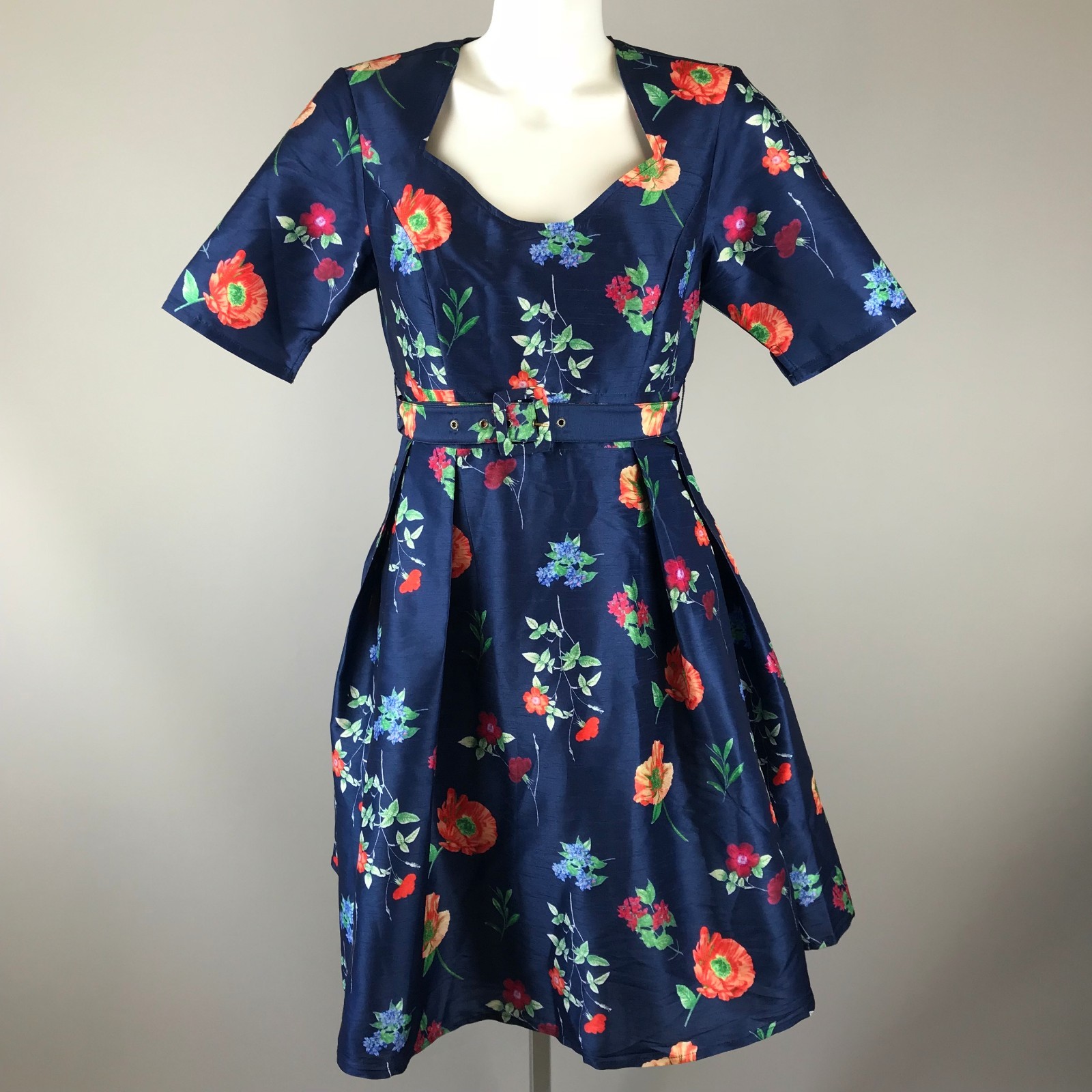 EShakti Womens bluee Floral Short Sleeve Dress Belted Size 10 Faux Dupioni Medium EShakti Womens bluee Floral Short Sleeve Dress Belted Size 10 Faux Dupioni Medium