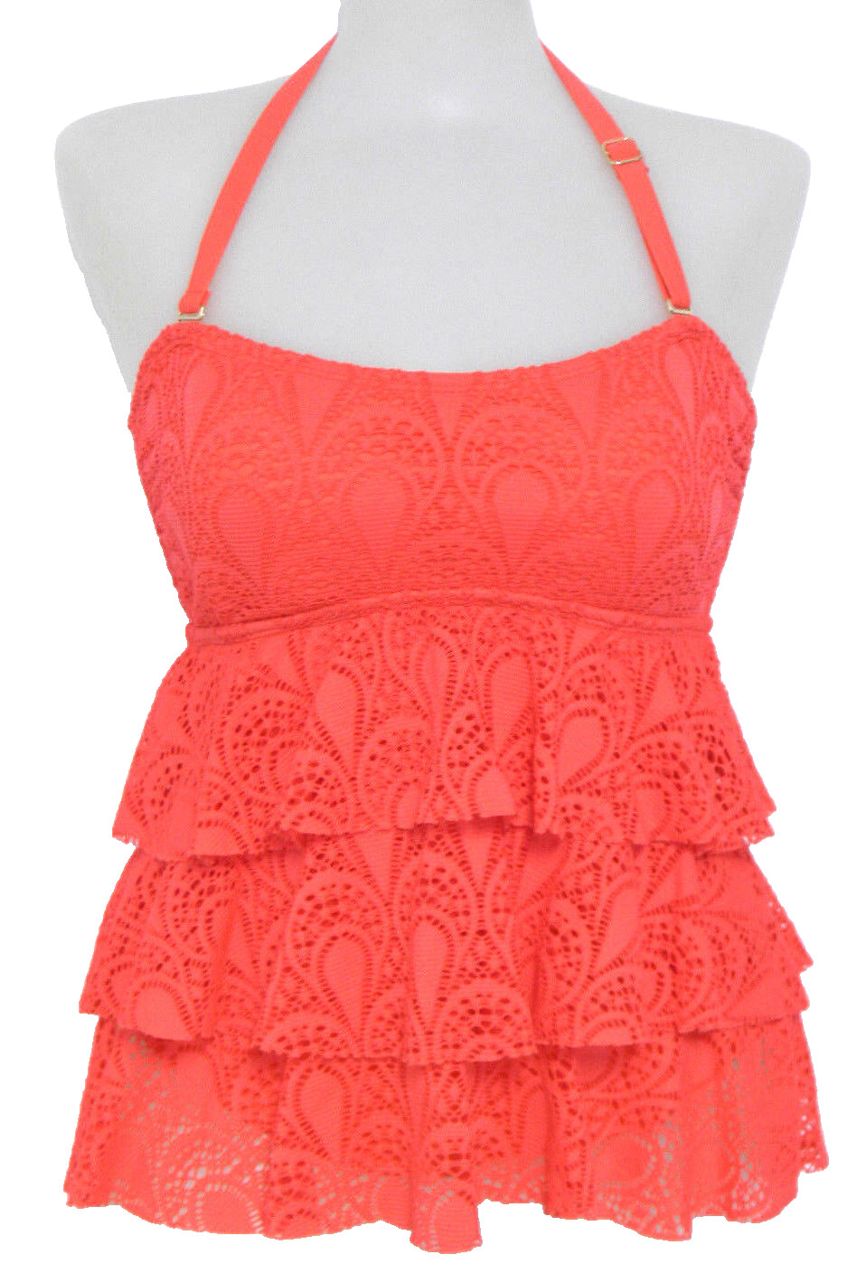 Island Escape Solid Coral Tiered Crochet Tankini Swimsuit TOP NWT Size 8