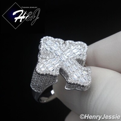 MEN SOLID 925 STERLING SILVER ICY BLING BAGUETTE CZ CROSS SHAPE RING*SR236