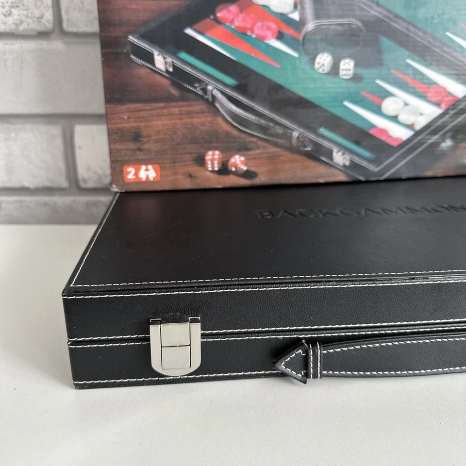 BACKGAMMON SET LEATHER TRAVEL MALACHITE GREEN INLAID VELVET CASE GAME SET 18" - Image 2 of 4