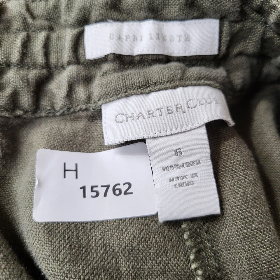 Pantalones Charter Club Mujer 6 Oliva Lino Capri Carga Botón Corbata 23" Entrepierna Foto 2 de 4