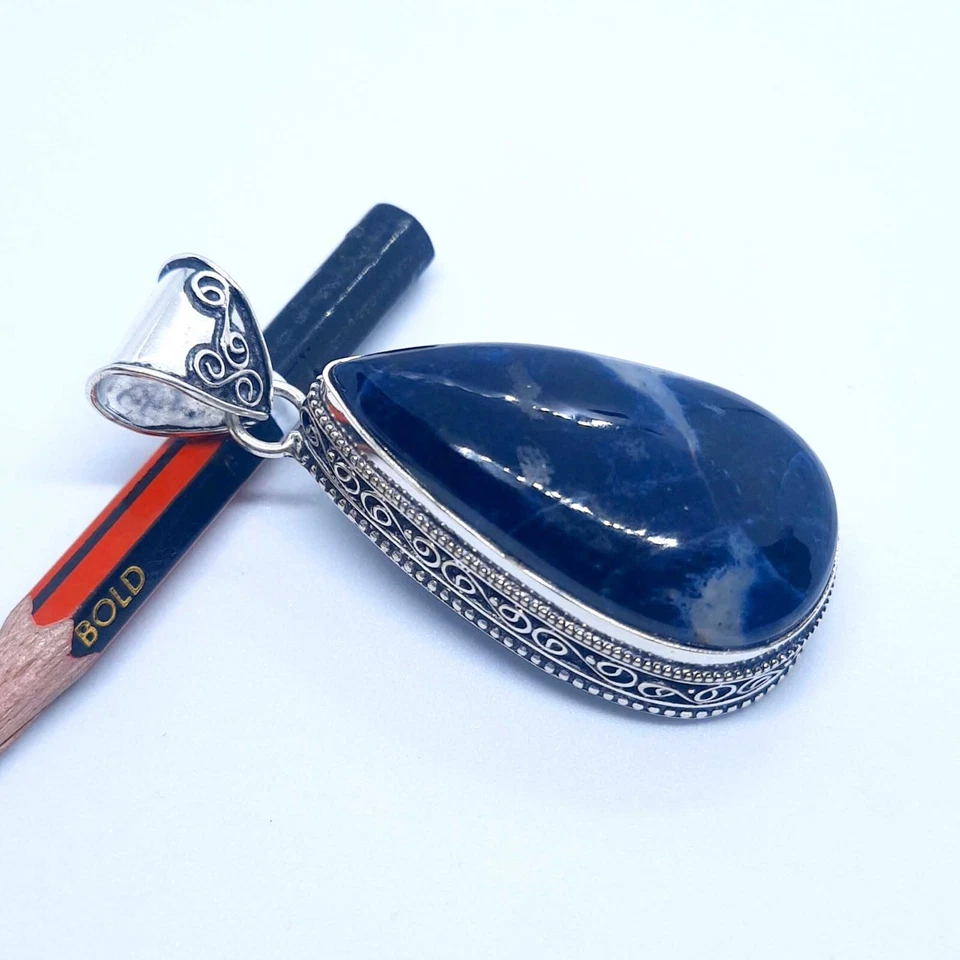 Joyería colgante enchapada en plata de ley 925 con piedras preciosas de sodalita 2 1/4" Foto 4 de 4