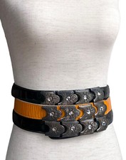 FRENCH 1980s VINTAGE PATENT BELT CRYSTALS BLACK  YELLOW TRIPLE BELT ICONIC
