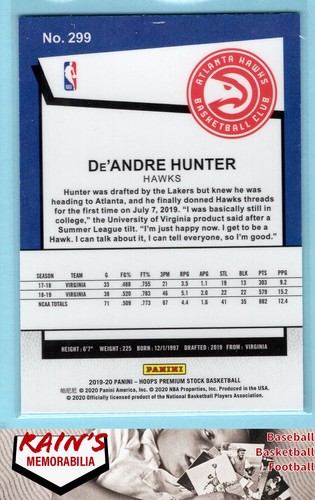 De'Andre Hunter 2019Hoops Premium Stock HT "" #299 Atlanta Hawks - Picture 2 of 2
