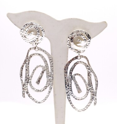 Karine Sultan Hammered Swirl Silver Plated Drop Dangle Earrings  3'' NEW No Tag