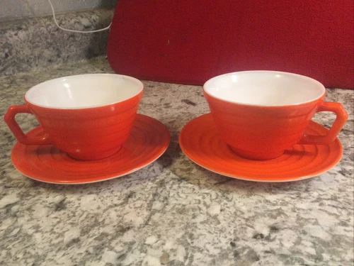Lot 2 Vintage Hazel Atlas Moderntone Orange Coffee Tea Cup And Saucer Sets