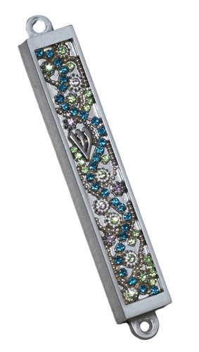 Judaica Mezuzah Case Metal Decorated Aqua Green Sparkling Rhinestones 7 cm - Picture 3 of 4