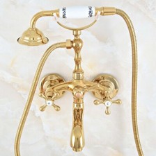 Polished Gold Brass Wall Mount Clawfoot Bath Tub Faucet w/Handheld Shower wna807