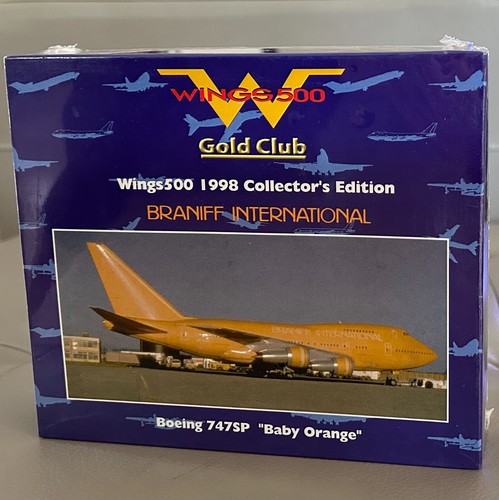 NIB-SEALED-1998 Herpa Wings 500 Braniff Intl. Boeing 747SP "Baby Orange" 1:500