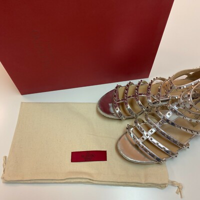 Valentino Rockstud Caged Sandals Women Size 7 37 Metallic Silver Leather Zip Up