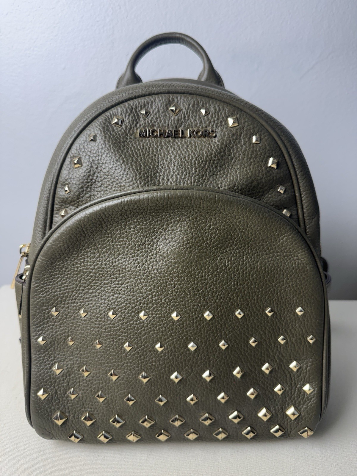 Michael Kors Erin Abbey Black Pebbled Leather Medium Studded Backpack Green