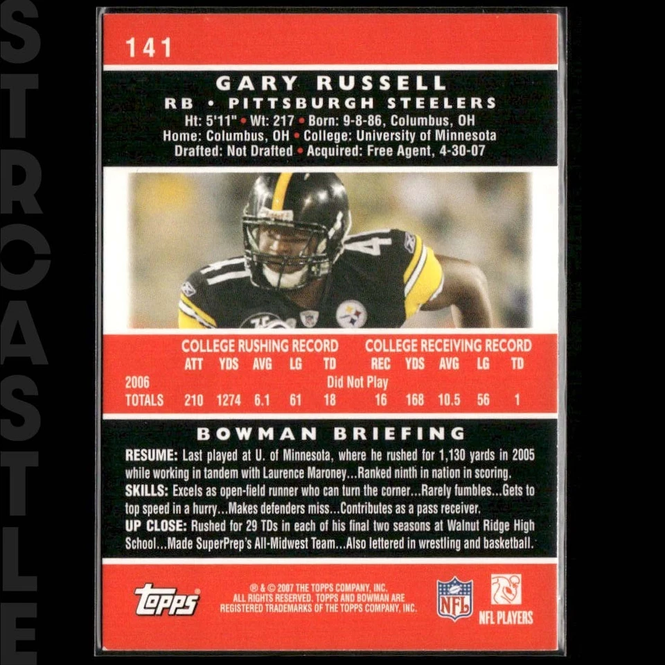 Gary Russell 2007 Bowman #141 Pittsburgh Steelers 🏈 Football Rookie Card - Image 2 of 3