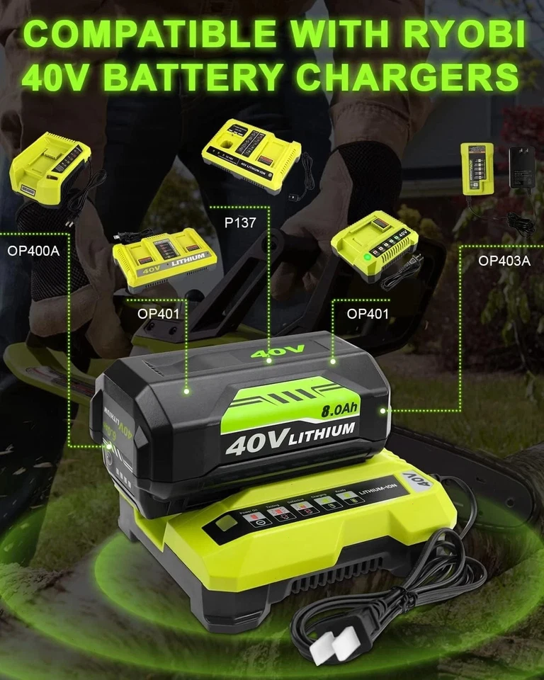 8.0Ah Battery 40 Volt for Ryobi 40V Lithium OP40602 Battery with LED / Charger - Image 3 of 4