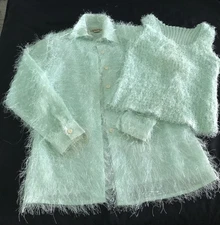 CDW CREATIVE DESIGN WORKS TWIN CARDIGAN SET FLUFFY KNIT LIME GREEN SIZE M