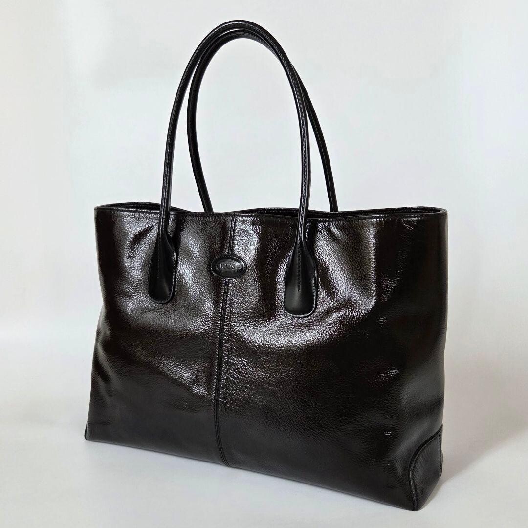 TOD'S Patent Leather Tote Bag Dark Brown Large A4 Work Commuting Auth