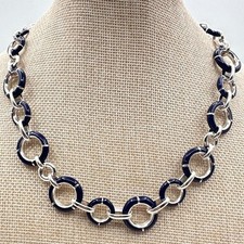 Vintage Y2K Silver Tone Blue Enamel Circle Link Choker Necklace Women's Jewelry