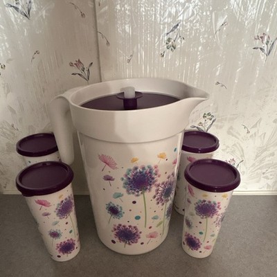Tupperware Floral Pitcher Set with Infuser and 4 Cups, White Purple