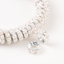 200PCS Large Hole Imitation White Pearl Spacer Beads 12Mm Silver Plated Rondelle