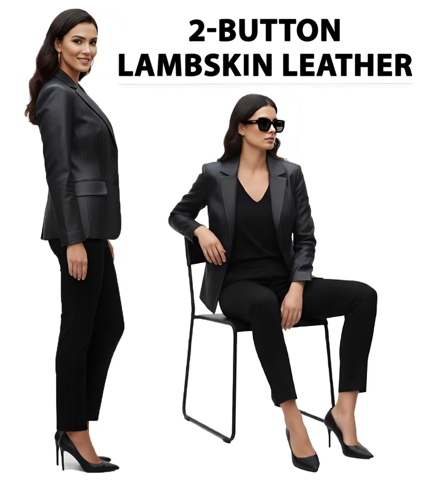 Two Button Lambskin Leather Blazer Jacket for Women Long Sleeves Coat Style - Image 2 of 4