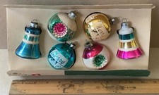 FRANKE 6 GLASS TREE ORNAMENTS SET IN DISPLAY BOX,USA,MICA FROSTED,BELLS,INDENTED