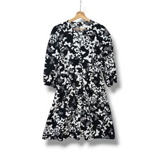 Talbots Dotted Butterfly Poplin Shirtdress Black 3/4 Sleeve 14 Petite Pockets