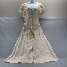 Rachel Zoe Dress Linen Beige Button Front Midi Small Waist Tie Pockets