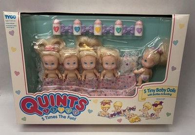 Vintage 1989 Tyco Quints, 5 Tiny Baby Dolls w/ Bottles & Bunting, MISB