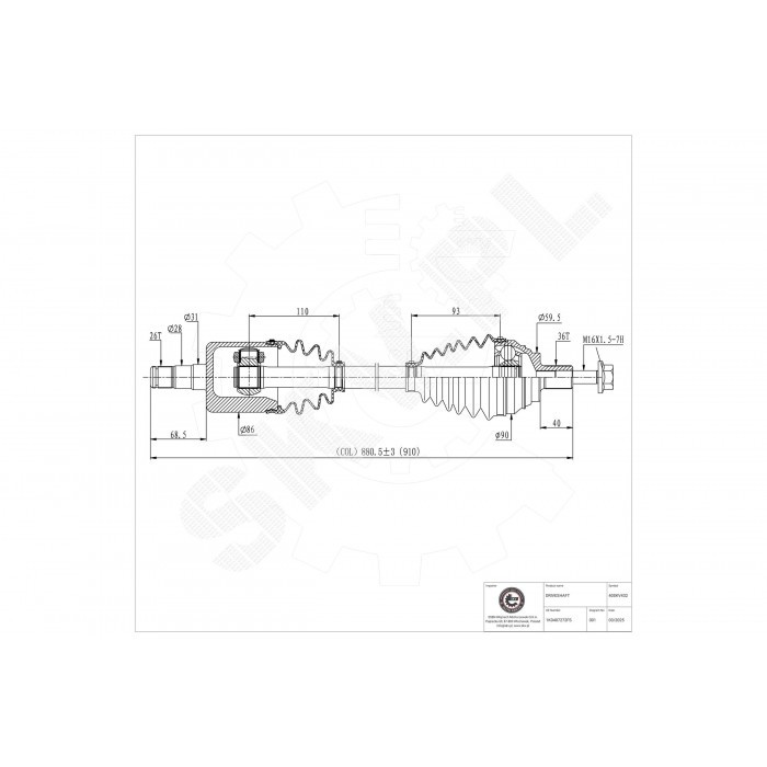 Arbre de transmission droit pour VW Caddy 3 et Audi A3 essence ou diesel