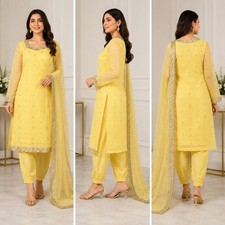 Women s Yellow Indian Pakistani 4 Piece Kurta Suit Dupatta Pants Top A10