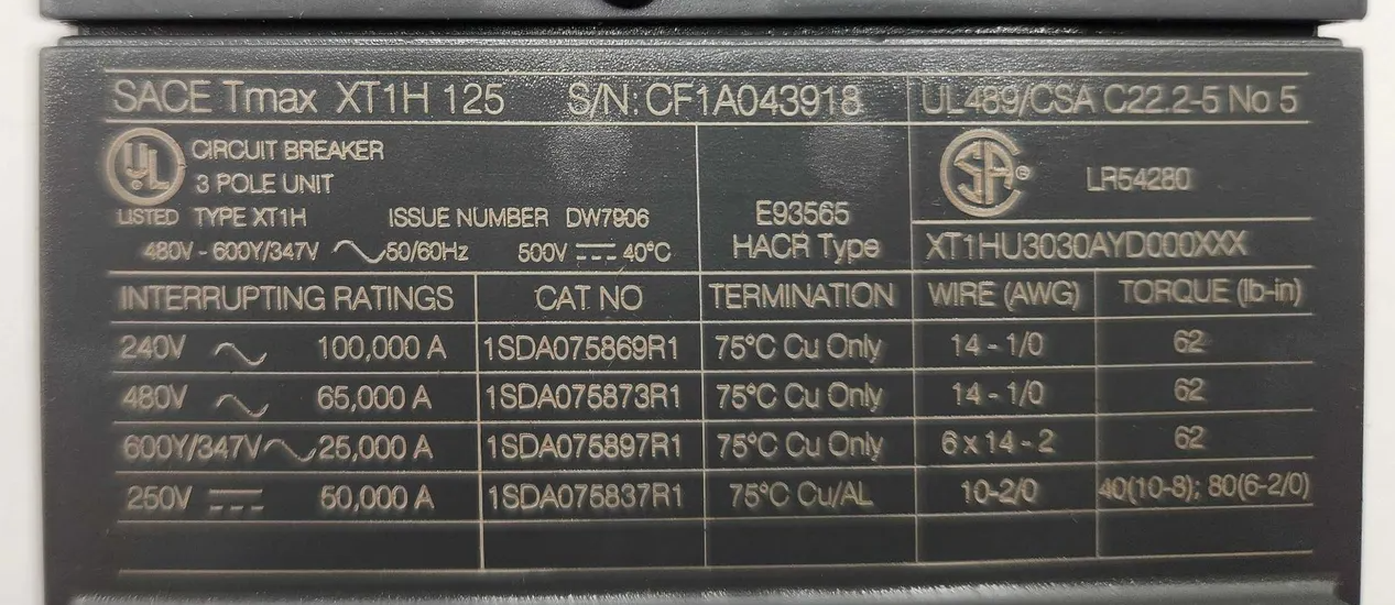 ABB XT1HU3030AYD000XXX I-Line Circuit Breaker 30A 3P 480V 3PH XT 30 Amp ...