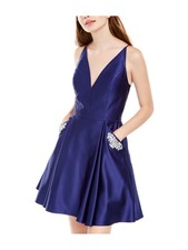 BLONDIE NITES Womens Fit + Flare Mini Dress Navy Spaghetti Strap Juniors 1