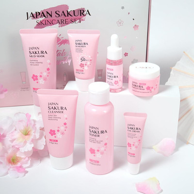 LAIKOU Sakura Gesichtspflege Skincare Set, 7 Stück Gesichtsreinigung Und Pflege 