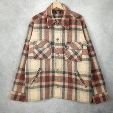 Vintage Woolrich Shirt Jacket Mens 46 Beige Plaid Wool Mackinaw Cruiser Work 50s