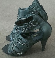 Idol Light Grey Real Leather Strap 4” Heels With Silver Chains, New With Tags-S4