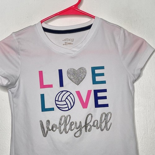 BCG Active Top Girls Size Medium 8-10 V Neck Short Sleeve White Volleyball - Picture 2 of 4