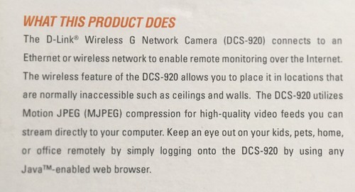 D-Link DCS-920 Wireless-G Internet Camera Security for Home or Office New - Picture 5 of 9