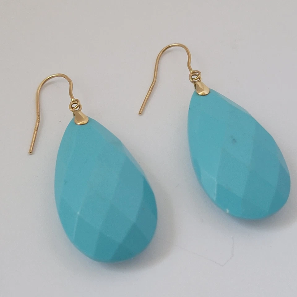 14k Yellow Gold Blue Turquoise Color Acrylic Drop Dangle Earrings - Image 3 of 4