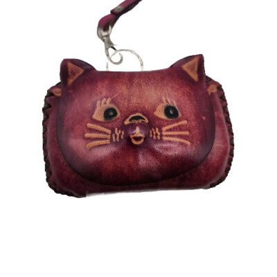 Kitty Cat Purple Embossed Leather Artisan Handcrafted Shaped Wristlet Coin Purse