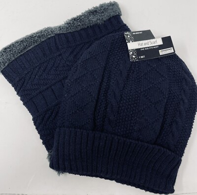 Beanie Hat Scarf Set Cable Knit Hat Fleece Lined Cap Neck Warmer OS Navy Blue